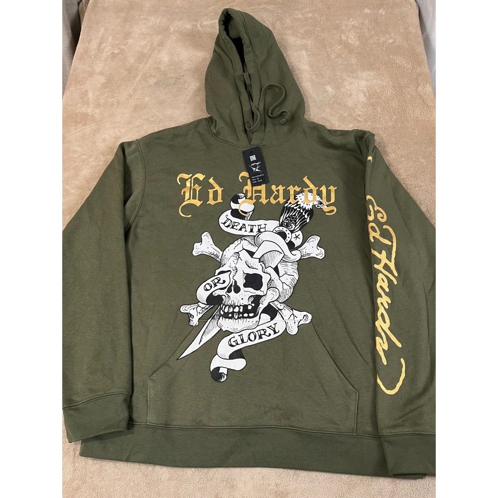 Ed Hardy Hoodie Sweater Men's XL Olive Green Death Or Glory Skull Cotton L/S NEW